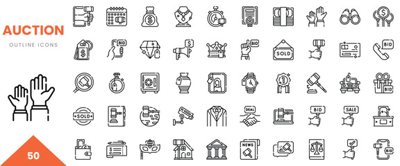 A collection of auction-themed outline icons including bidding hands, gavel, money, and bid items.