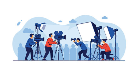 Professionals on a film set or photo shoot utilizing cameras and lighting equipment for high-quality media production.