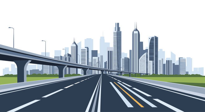 Modern multi-lane highway leading towards a futuristic city skyline with towering skyscrapers and complex elevated road systems.