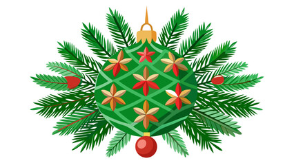Green christmas ornament surrounded by pine branches and red berries