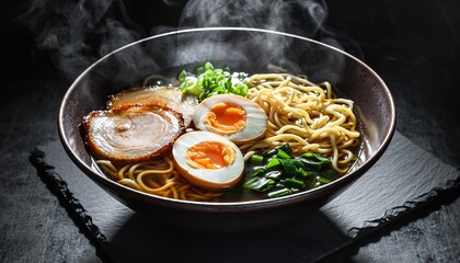 Steaming Ramen Bowl with Chashu Pork and Soft-Boiled Eggs