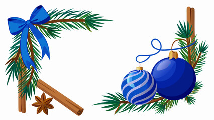 Christmas corner decoration with blue ornaments and pine branches
