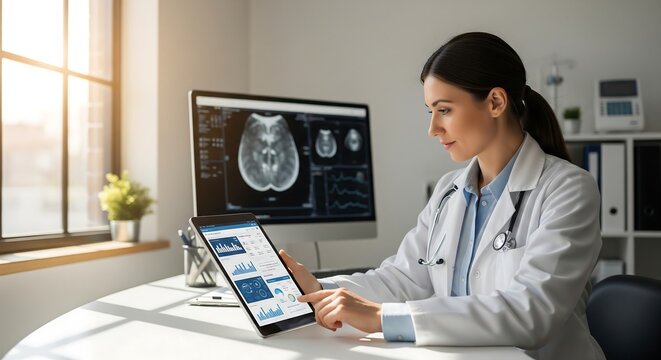 Female doctor in a modern clinic analyzing a patient's brain scan and medical data on a computer and tablet.