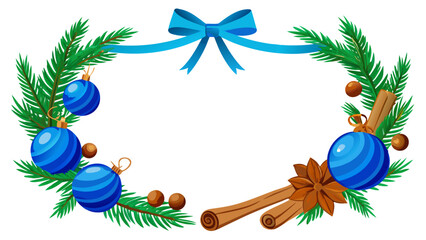 Christmas wreath frame with blue ornaments pine branches and cinnamon sticks
