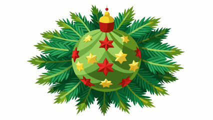Green christmas ornament decorated with red and yellow stars surrounded by pine branches