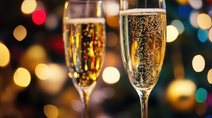 Two glasses of bubbly champagne sparkle against a background of festive lights.