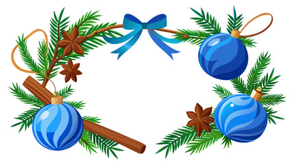 Christmas wreath frame with blue ornaments pine branches and spices
