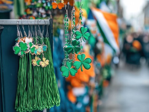 Green shamrock earrings hang from a display hook.