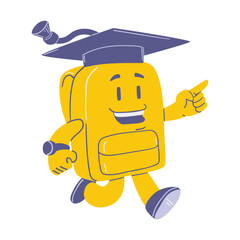 School Bag Character with Graduation Cap Pointing Up