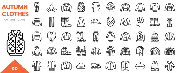 An array of autumn clothing outline icons showcasing sweaters, hats, and scarves in a minimalist style.