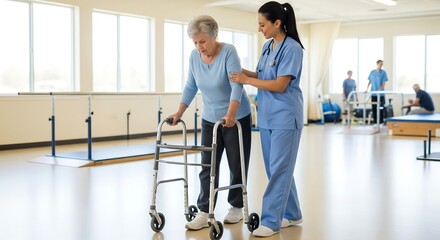 A female physical therapist helps an elderly woman walk with a walker during a rehabilitation session in a bright clinic.