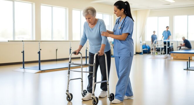 A female physical therapist helps an elderly woman walk with a walker during a rehabilitation session in a bright clinic. - Powered by Adobe