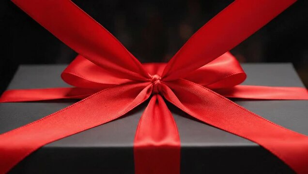 Elegant Black Gift Box with Vibrant Red Satin Bow Close up