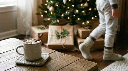 Warm mug of hot chocolate with marshmallows and a cinnamon stick on a rustic table near a decorated Christmas tree and wrapped gifts, evoking cozy winter holidays and festive home comfort.