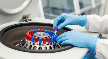A laboratory technician in blue gloves carefully placing a test tube into a medical centrifuge for sample separation.