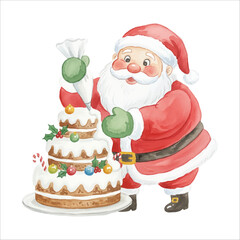 Santa Claus decorating a layered Christmas cake, watercolor illustration isolated on black background
