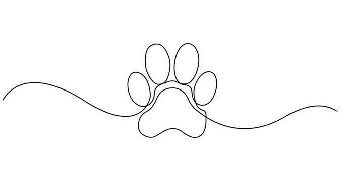 Dog or cat paw footprint and heart continuous one line drawing animation, Video. Dog and cat paw hearts drawn in one continuous line. Dog paw prints in a heart frame in a simple linear style. Concept