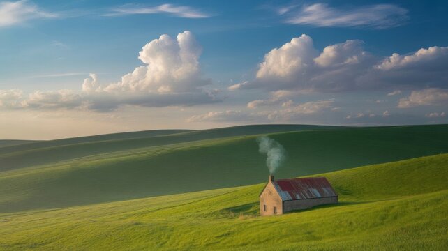 Cozy cabin nestled in rolling green hills under a dramatic sky - Powered by Adobe