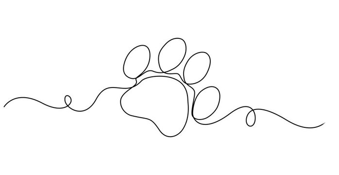 Dog or cat paw footprint and heart continuous one line drawing animation, Video. Dog and cat paw hearts drawn in one continuous line. Dog paw prints in a heart frame in a simple linear style. Concept