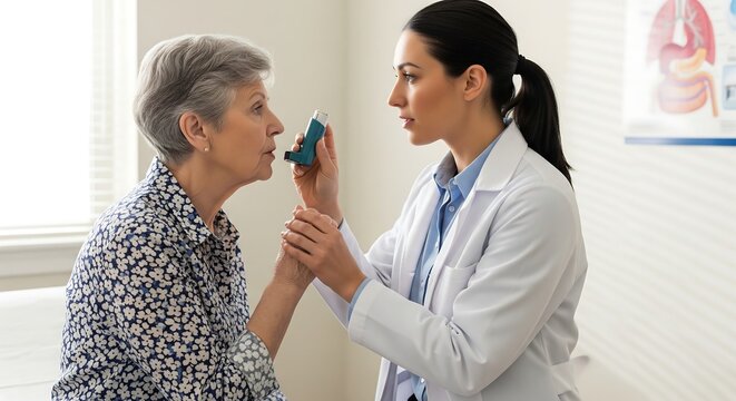 Female doctor assists a senior woman with using a blue asthma inhaler for respiratory treatment in a clinic.