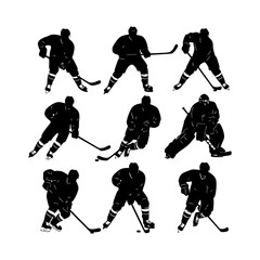 Fototapeta premium Ice hockey player logo icon vector. Hockey stick and puck logo set silhouettes vector on a white background