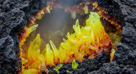 Stunning yellow sulfur crystals emerging from volcanic rock, a vibrant and unique geological formation, perfect for science education and mineralogy enthusiasts