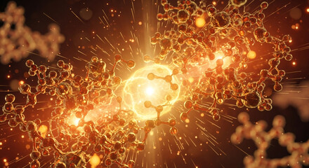 Stunning orange atom structure with bright glowing core, representing scientific innovation and complex molecular research, perfect for science education