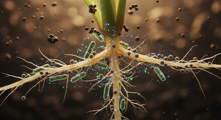 Vibrant plant roots thriving with beneficial microbes, showcasing nature's symbiotic relationship for growth and sustainability in a healthy ecosystem