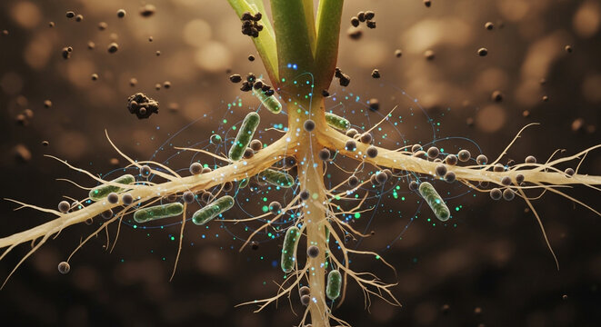 Vibrant plant roots thriving with beneficial microbes, showcasing nature's symbiotic relationship for growth and sustainability in a healthy ecosystem