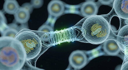 Stunning microscopic view of cells communicating, ideal for scientific research or pharmaceutical marketing materials and biotech presentations about cellular biology