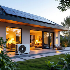 Modern eco-friendly residence featuring solar panels and exterior heat pump unit on tranquil evening terrace.