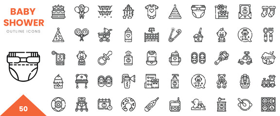 Collection of baby shower outline icons featuring items like diapers, toys, and decorations.