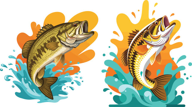 Dynamic illustration of two largemouth bass fish leaping out of vibrant splashing water with energetic orange and yellow abstract shapes in the background perfect for fishing themes