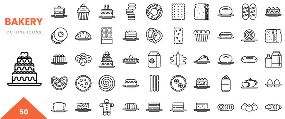 A collection of bakery-themed outline icons showcasing various desserts and baked goods.