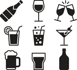 Drink Icons Set – Wine Glass, Cocktail, Beer Mug, Juice, Bottle, Cheers, Beverage Silhouette Vector Illustration