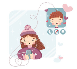 Young couple of lovers making a video call on smartphone. Cartoon people talking on videoconference. Concept of online video chatting, online dating. Flat vector illustration.