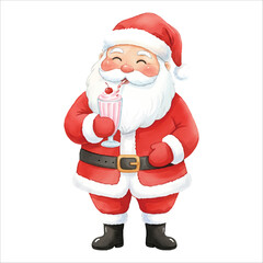 Fototapeta premium Santa Claus drinking a creamy Christmas milkshake, watercolor illustration isolated on black background 