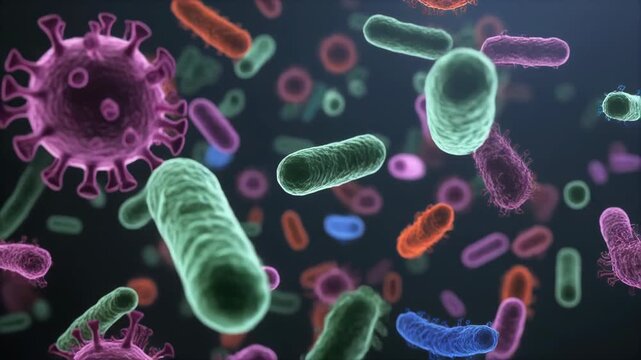 Microscopic view of various colorful bacteria and virus cells floating around, biological 3D rendering of germs and pathogens