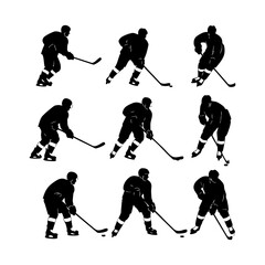 Naklejka premium Ice hockey player logo icon vector. Hockey stick and puck logo set silhouettes vector on a white background