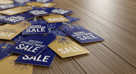 Pile of blue and gold sale tags with "Merry Christmas" on wood grain background, representing festive promotion, shopping offer, seasonal discount