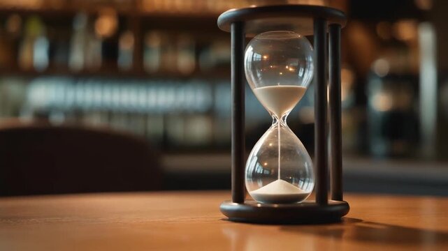 Hourglass with fine white sand passing through the glass bulbs on a polished wooden surface, representing the passage of time.
