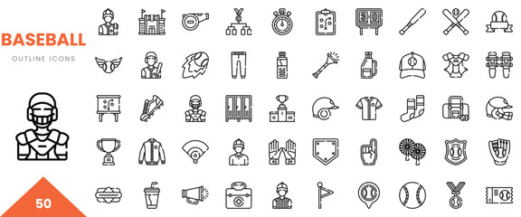 A collection of baseball-themed outline icons including equipment, trophies, and uniforms.