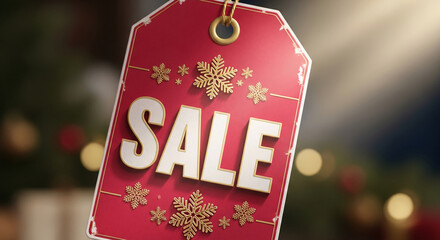 Red price tag with golden snowflakes and white "SALE" text. Holiday shopping promotion, showcase for product discounts and seasonal events