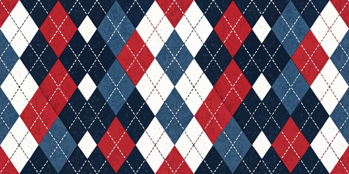 Classic argyle pattern in red, white, and navy blue colors, perfect for stylish backgrounds.