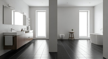 Modern bathroom showcases clean lines and minimalist design with natural light streaming through windows, creating a serene and spalike atmosphere.