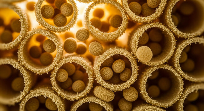 Intricate microscopic view of fungal spores and hyphae reveals the hidden beauty of nature's smallest structures for scientific research and educational use - Powered by Adobe