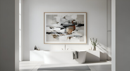 Modern bathtub sits beneath abstract painting in bright, minimalist bathroom, creating a serene and artistic atmosphere for relaxation and contemplation.