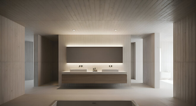 Modern bathroom features floating vanity with double sinks and minimalist design in a luxury home, creating a serene and spalike atmosphere. - Powered by Adobe