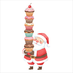 Santa Claus holding a tall tower of cupcakes, watercolor illustration isolated on black background
