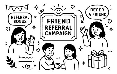 Black and White Friend Referral Campaign Illustration Featuring Refer-a-Friend Bonus, Reward Gift Icons, Happy Characters, and Promotional Marketing Elements for Incentive and Loyalty Programs